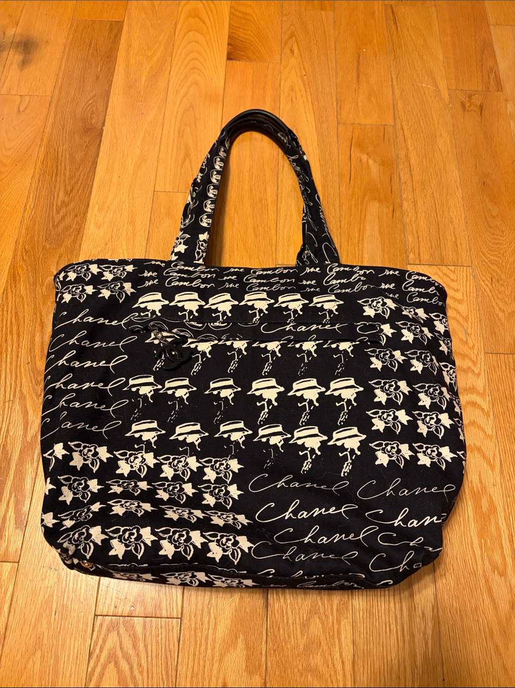 Chanel Black  Cream Logo Icons Tote